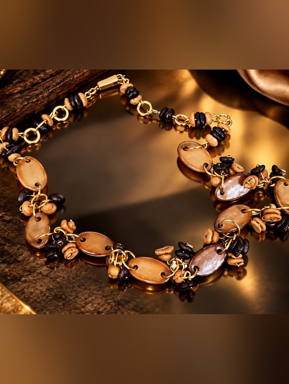 Vintage 80s Coffee Bean Natural Stone Gold Tone Statement Necklace